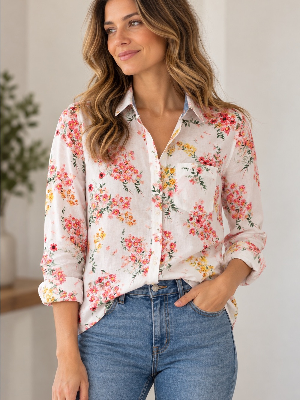 St. John's Bay White Floral Button-Down Shirt